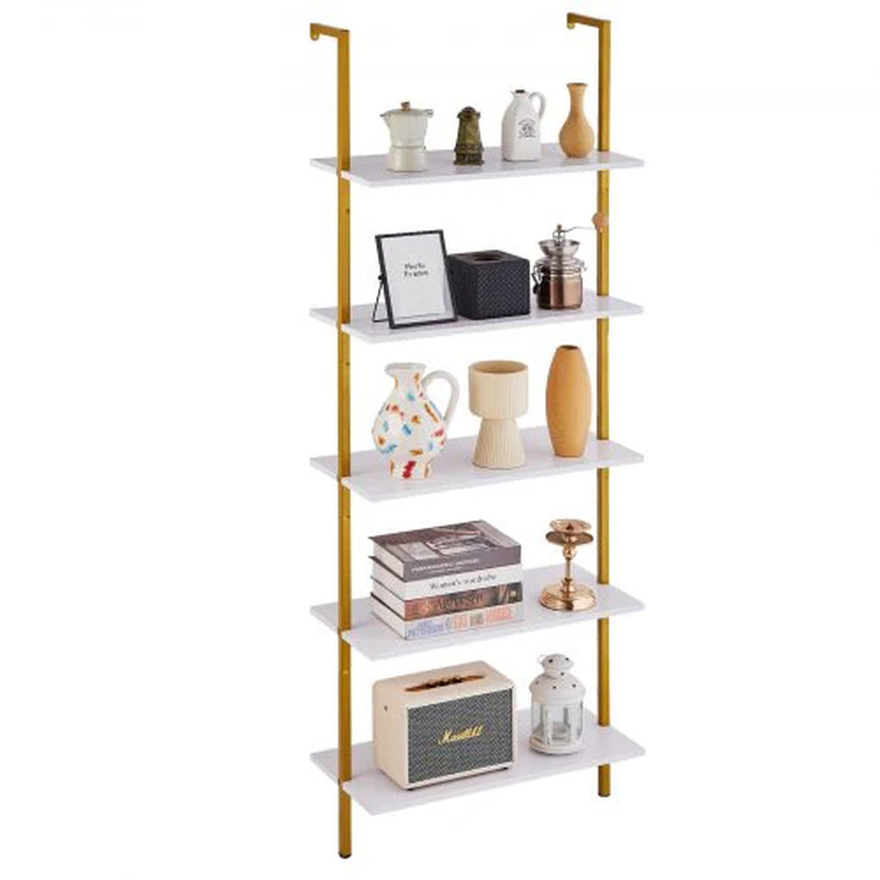 Ladder Shelf, 5-Tier Bookshelf 24X11.8In, Open Wall-Mounted Ladder Shelf with Metal Frame,Storage Rack Sundries Holder for Kitchen Bedroom Bathroom Living Room, Gold White